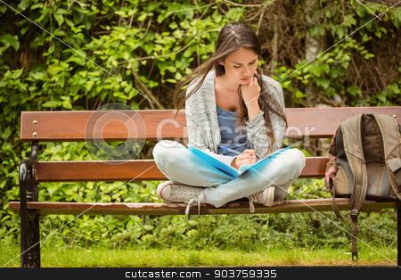To use this stock image in your creative project, please select the size you need over to the right and click the "Add to Cart" button.
Your downloaded image will come with the Cutcaster watermark removed so don’t worry about the watermark you see on this page. Smiling student sitting on bench reading book stock photo, Smiling student sitting on bench reading book in park at school by Wavebreak Media