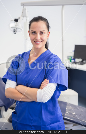 To use this stock image in your creative project, please select the size you need over to the right and click the "Add to Cart" button.
Your downloaded image will come with the Cutcaster watermark removed so don’t worry about the watermark you see on this page. Smiling dentist with arms folded stock photo, Smiling dentist with arms folded in dental clinic by Wavebreak Media
