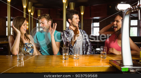 To use this stock image in your creative project, please select the size you need over to the right and click the "Add to Cart" button.
Your downloaded image will come with the Cutcaster watermark removed so don’t worry about the watermark you see on this page. Happy friends excited for weekend activities stock photo, Happy friends excited for weekend activities in a bar by Wavebreak Media