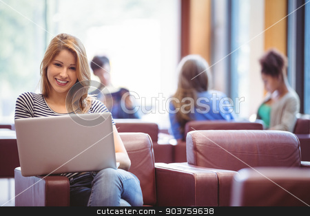 To use this stock image in your creative project, please select the size you need over to the right and click the "Add to Cart" button.
Your downloaded image will come with the Cutcaster watermark removed so don’t worry about the watermark you see on this page. Portrait of a woman using her laptop and smiling at camera stock photo, Portrait of a woman using her laptop and smiling at camera at the university by Wavebreak Media