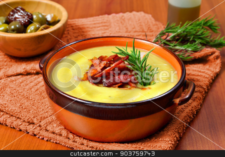 To use this stock image in your creative project, please select the size you need over to the right and click the "Add to Cart" button.
Your downloaded image will come with the Cutcaster watermark removed so don’t worry about the watermark you see on this page. cream of potato and leek with toasted bacon stock photo, cream of potato and leek with toasted bacon in a ceramic bowl by Alfio Roberto Silvestro