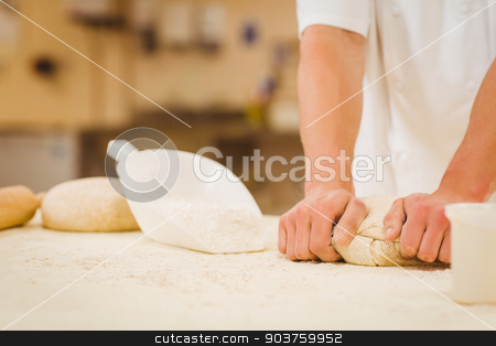 To use this stock image in your creative project, please select the size you need over to the right and click the "Add to Cart" button.
Your downloaded image will come with the Cutcaster watermark removed so don’t worry about the watermark you see on this page. Baker kneading dough at a counter stock photo, Baker kneading dough at a counter in a commercial kitchen by Wavebreak Media