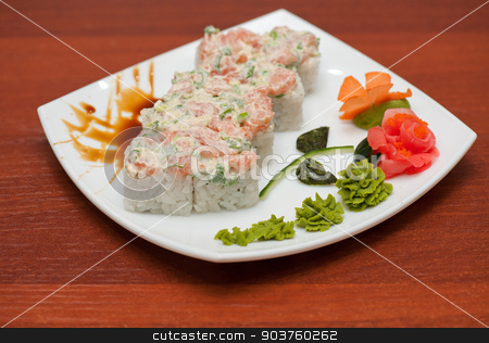 To use this stock image in your creative project, please select the size you need over to the right and click the "Add to Cart" button.
Your downloaded image will come with the Cutcaster watermark removed so don’t worry about the watermark you see on this page. Roll with cream sauce, salmon fish stock photo, Roll with cream sauce and salmon fish by olinchuk