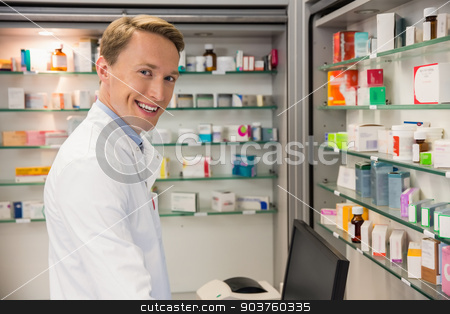 To use this stock image in your creative project, please select the size you need over to the right and click the "Add to Cart" button.
Your downloaded image will come with the Cutcaster watermark removed so don’t worry about the watermark you see on this page. Handsome pharmacist using the computer stock photo, Handsome pharmacist using the computer at the hospital pharmacy by Wavebreak Media