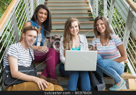 To use this stock image in your creative project, please select the size you need over to the right and click the "Add to Cart" button.
Your downloaded image will come with the Cutcaster watermark removed so don’t worry about the watermark you see on this page. Smiling students sitting on steps with laptop stock photo, Smiling students sitting on steps with laptop at the university by Wavebreak Media