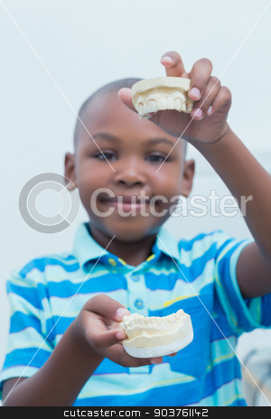To use this stock image in your creative project, please select the size you need over to the right and click the "Add to Cart" button.
Your downloaded image will come with the Cutcaster watermark removed so don’t worry about the watermark you see on this page. Portrait of boy holding mouth model stock photo, Portrait of smiling young boy holding mouth model by Wavebreak Media