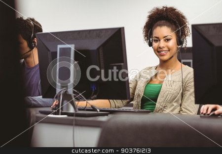 To use this stock image in your creative project, please select the size you need over to the right and click the "Add to Cart" button.
Your downloaded image will come with the Cutcaster watermark removed so don’t worry about the watermark you see on this page. Student wearing headset looking at camera stock photo, Student wearing headset looking at camera at the university by Wavebreak Media