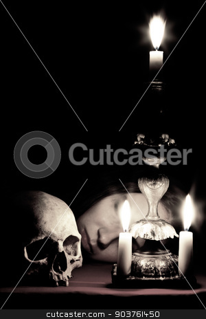 To use this stock image in your creative project, please select the size you need over to the right and click the "Add to Cart" button.
Your downloaded image will come with the Cutcaster watermark removed so don’t worry about the watermark you see on this page. Waiting stock photo, The head of a young girl lying beside to the skull and candlestick. Shutter speed 30 sec by Suchota