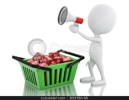 To use this stock image in your creative project, please select the size you need over to the right and click the "Add to Cart" button.
Your downloaded image will come with the Cutcaster watermark removed so don’t worry about the watermark you see on this page. 3d man sale announcement with megaphone and shopping basket. stock photo, 3d illustration. white people sale announcement with megaphone and shopping basket on white background by nicolas menijes