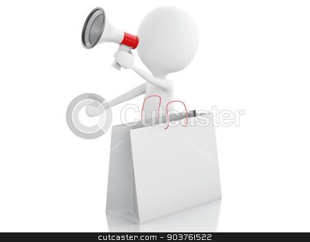 To use this stock image in your creative project, please select the size you need over to the right and click the "Add to Cart" button.
Your downloaded image will come with the Cutcaster watermark removed so don’t worry about the watermark you see on this page. 3d man sale announcement with megaphone and shopping bag. stock photo, 3d illustration. White man sale announcement with megaphone and shopping bag on white background by nicolas menijes