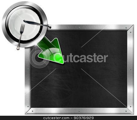 To use this stock image in your creative project, please select the size you need over to the right and click the "Add to Cart" button.
Your downloaded image will come with the Cutcaster watermark removed so don’t worry about the watermark you see on this page. Metal Billboard for a Restaurant stock photo, Metallic billboard with metal frame, empty white plate with silver cutlery and green arrow, isolated on white background. Template for recipes or a food menu by catalby