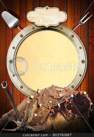 To use this stock image in your creative project, please select the size you need over to the right and click the "Add to Cart" button.
Your downloaded image will come with the Cutcaster watermark removed so don’t worry about the watermark you see on this page. Seafood - Menu Template stock photo, Metal porthole with yellow lined paper on wooden background, kitchen utensils, rusty anchor and fishing net. Template for recipes or seafood menu by catalby