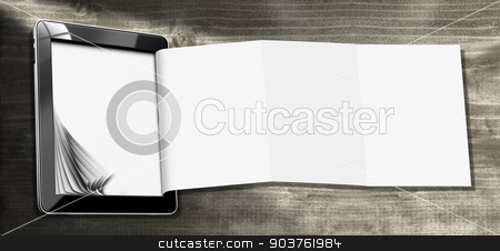 To use this stock image in your creative project, please select the size you need over to the right and click the "Add to Cart" button.
Your downloaded image will come with the Cutcaster watermark removed so don’t worry about the watermark you see on this page. Tablet Computer with Folded Paper stock photo, Black tablet computer with blank and folded pages on wooden background. Template for a modern and creative flyer by catalby