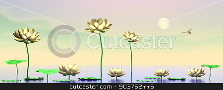 To use this stock image in your creative project, please select the size you need over to the right and click the "Add to Cart" button.
Your downloaded image will come with the Cutcaster watermark removed so don’t worry about the watermark you see on this page. Zen lily flowers - 3D render stock photo, Pink lily flowers and leaves upon water by clear night with full moon - 3D render by Elenarts