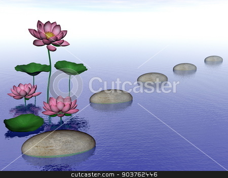 To use this stock image in your creative project, please select the size you need over to the right and click the "Add to Cart" button.
Your downloaded image will come with the Cutcaster watermark removed so don’t worry about the watermark you see on this page. Zen lily flowers - 3D render stock photo, Pink lily flowers and leaves next to pebbles upon water by day - 3D render by Elenarts