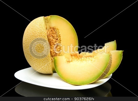 To use this stock image in your creative project, please select the size you need over to the right and click the "Add to Cart" button.
Your downloaded image will come with the Cutcaster watermark removed so don’t worry about the watermark you see on this page. Melon galia with slices on plate isolated black in studio stock photo, Studio shot of notched ripe melon galia with slices on plate isolated on black background by Tadeusz Wejkszo