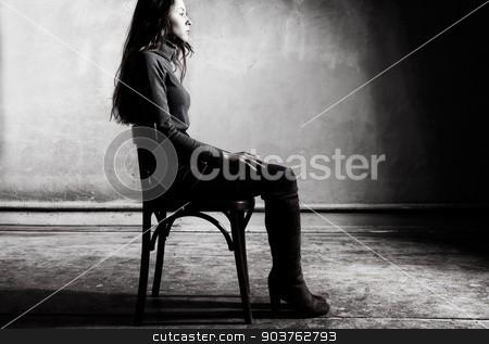To use this stock image in your creative project, please select the size you need over to the right and click the "Add to Cart" button.
Your downloaded image will come with the Cutcaster watermark removed so don’t worry about the watermark you see on this page. corners stock photo, young girl sitting on a chair in the gloomy place by Suchota