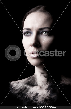 To use this stock image in your creative project, please select the size you need over to the right and click the "Add to Cart" button.
Your downloaded image will come with the Cutcaster watermark removed so don’t worry about the watermark you see on this page. grungy portrait stock photo, dark grungy portrait of a young girl on a black background with a ragged outline below the shoulder by Suchota