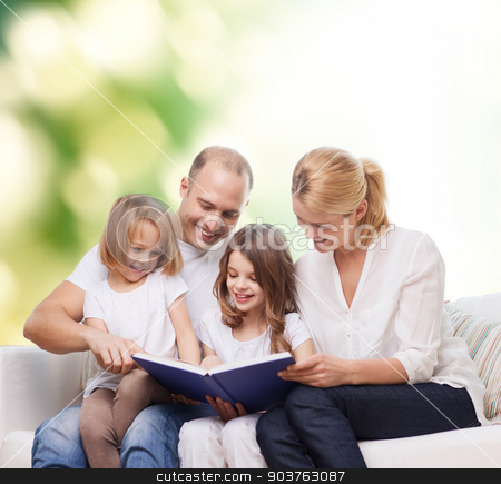 To use this stock image in your creative project, please select the size you need over to the right and click the "Add to Cart" button.
Your downloaded image will come with the Cutcaster watermark removed so don’t worry about the watermark you see on this page. happy family with book at home stock photo, family, childhood, ecology and people - smiling mother, father and little girls reading book over green background by Syda Productions