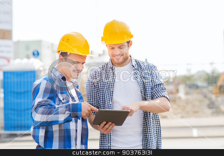 To use this stock image in your creative project, please select the size you need over to the right and click the "Add to Cart" button.
Your downloaded image will come with the Cutcaster watermark removed so don’t worry about the watermark you see on this page. smiling builders in hardhats with tablet pc stock photo, business, building, teamwork, technology and people concept - group of smiling builders in hardhats with tablet pc computer outdoors by Syda Productions