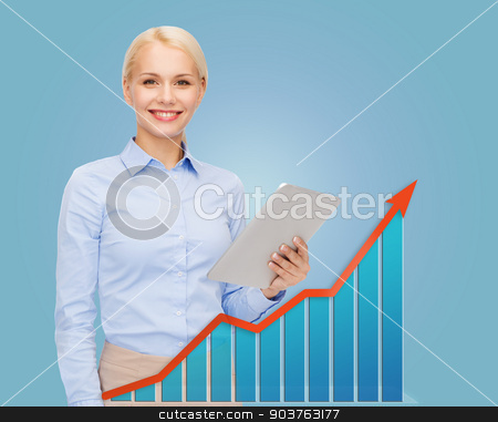 To use this stock image in your creative project, please select the size you need over to the right and click the "Add to Cart" button.
Your downloaded image will come with the Cutcaster watermark removed so don’t worry about the watermark you see on this page. young smiling businesswoman with tablet pc stock photo, business, people, success, technology and statistics concept - young smiling businesswoman with tablet pc computer over blue background and growth chart by Syda Productions