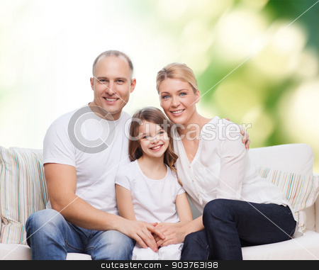 To use this stock image in your creative project, please select the size you need over to the right and click the "Add to Cart" button.
Your downloaded image will come with the Cutcaster watermark removed so don’t worry about the watermark you see on this page. happy family at home stock photo, family, childhood, ecology and people concept - smiling mother, father and little girl over green background by Syda Productions