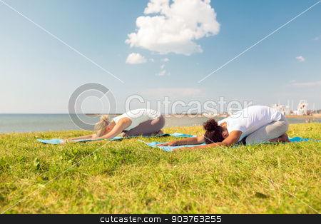 To use this stock image in your creative project, please select the size you need over to the right and click the "Add to Cart" button.
Your downloaded image will come with the Cutcaster watermark removed so don’t worry about the watermark you see on this page. couple making yoga exercises outdoors stock photo, fitness, sport, people and lifestyle concept - couple making yoga exercises on mats outdoors by Syda Productions