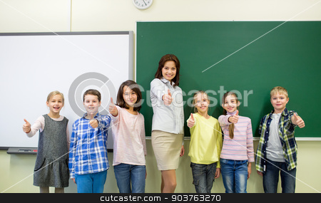 To use this stock image in your creative project, please select the size you need over to the right and click the "Add to Cart" button.
Your downloaded image will come with the Cutcaster watermark removed so don’t worry about the watermark you see on this page. group of school kids and teacher showing thumbs up stock photo, education, elementary, gesture and people concept - group of school kids and teacher showing thumbs up in classroom by Syda Productions