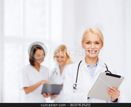 To use this stock image in your creative project, please select the size you need over to the right and click the "Add to Cart" button.
Your downloaded image will come with the Cutcaster watermark removed so don’t worry about the watermark you see on this page. female doctor with stethoscope and tablet pc stock photo, healthcare, technology and medicine concept - smiling female doctor with stethoscope and tablet pc computer by Syda Productions