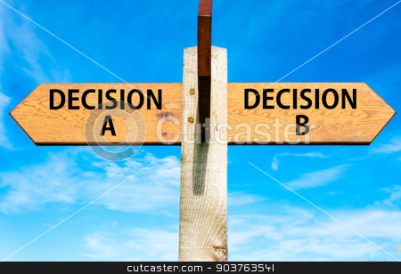 To use this stock image in your creative project, please select the size you need over to the right and click the "Add to Cart" button.
Your downloaded image will come with the Cutcaster watermark removed so don’t worry about the watermark you see on this page. Wooden signpost with two opposite arrows over clear blue sky, Decision A and Decision B messages, Right choice conceptual image stock photo, Wooden signpost with two opposite arrows over clear blue sky, Decision A and Decision B messages, Right choice conceptual image by Constantin Stanciu
