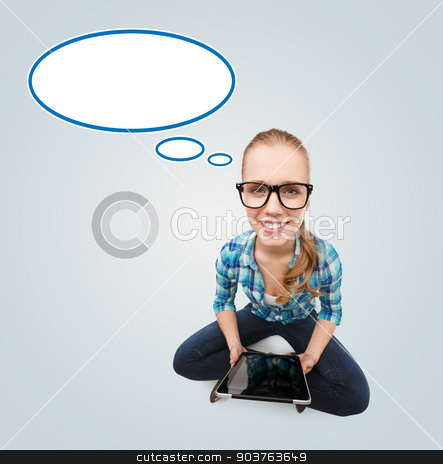 To use this stock image in your creative project, please select the size you need over to the right and click the "Add to Cart" button.
Your downloaded image will come with the Cutcaster watermark removed so don’t worry about the watermark you see on this page. smiling teen girl sitting on floor with tablet pc stock photo, communication, technology, internet and people concept - smiling teenage girl in eyeglasses sitting on floor and holding tablet pc computer over gray background with blank white text bubble by Syda Productions