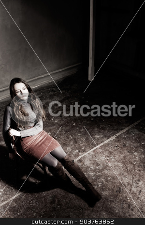 To use this stock image in your creative project, please select the size you need over to the right and click the "Add to Cart" button.
Your downloaded image will come with the Cutcaster watermark removed so don’t worry about the watermark you see on this page. corners stock photo, young girl sitting on a chair in the gloomy place by Suchota