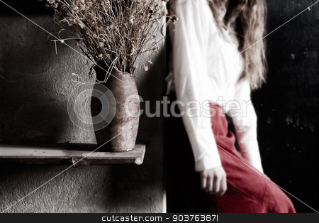 To use this stock image in your creative project, please select the size you need over to the right and click the "Add to Cart" button.
Your downloaded image will come with the Cutcaster watermark removed so don’t worry about the watermark you see on this page. nostalgic sadness stock photo, young girl and the jug with dried flowers by Suchota