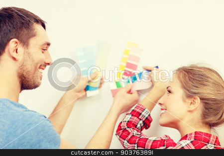 To use this stock image in your creative project, please select the size you need over to the right and click the "Add to Cart" button.
Your downloaded image will come with the Cutcaster watermark removed so don’t worry about the watermark you see on this page. smiling couple looking at color samples at home stock photo, repair, interior design, building, renovation and home concept - smiling couple looking at color samples at home by Syda Productions