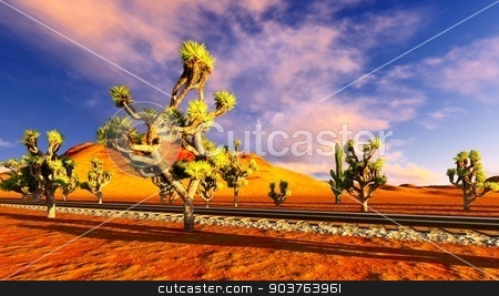 To use this stock image in your creative project, please select the size you need over to the right and click the "Add to Cart" button.
Your downloaded image will come with the Cutcaster watermark removed so don’t worry about the watermark you see on this page. Joshua trees and railroad stock photo, Joshua trees growing along old railway by Dariusz Miszkiel