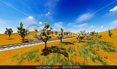To use this stock image in your creative project, please select the size you need over to the right and click the "Add to Cart" button.
Your downloaded image will come with the Cutcaster watermark removed so don’t worry about the watermark you see on this page. Joshua trees and railroad stock photo, Joshua trees growing along old railway by Dariusz Miszkiel