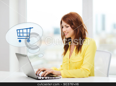 To use this stock image in your creative project, please select the size you need over to the right and click the "Add to Cart" button.
Your downloaded image will come with the Cutcaster watermark removed so don’t worry about the watermark you see on this page. smiling woman with laptop computer shopping online stock photo, people, leisure and technology concept - smiling young woman with laptop computer and trolley icon shopping online at home by Syda Productions