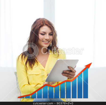 To use this stock image in your creative project, please select the size you need over to the right and click the "Add to Cart" button.
Your downloaded image will come with the Cutcaster watermark removed so don’t worry about the watermark you see on this page. smiling woman with tablet pc and growth chart stock photo, people, technology, statistic sand business concept - smiling woman with tablet pc computer and growth chart at home by Syda Productions
