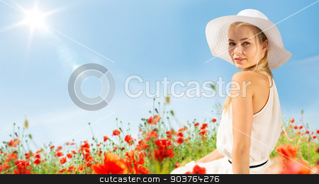 To use this stock image in your creative project, please select the size you need over to the right and click the "Add to Cart" button.
Your downloaded image will come with the Cutcaster watermark removed so don’t worry about the watermark you see on this page. smiling young woman in straw hat on poppy field stock photo, happiness, nature, summer, vacation and people concept - smiling young woman with closed eyes wearing straw hat on poppy field by Syda Productions