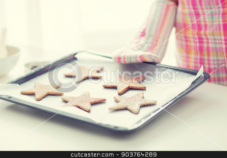 To use this stock image in your creative project, please select the size you need over to the right and click the "Add to Cart" button.
Your downloaded image will come with the Cutcaster watermark removed so don’t worry about the watermark you see on this page. close up of woman with cookies on oven tray stock photo, christmas, food, holidays and people concept - close up of woman in apron and oven glove with cookies on oven tray by Syda Productions