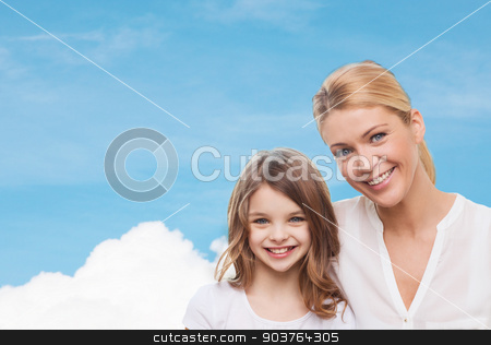 To use this stock image in your creative project, please select the size you need over to the right and click the "Add to Cart" button.
Your downloaded image will come with the Cutcaster watermark removed so don’t worry about the watermark you see on this page. smiling mother and little girl stock photo, family, childhood, happiness and people - smiling mother and little girl over blue sky and white cloud background by Syda Productions