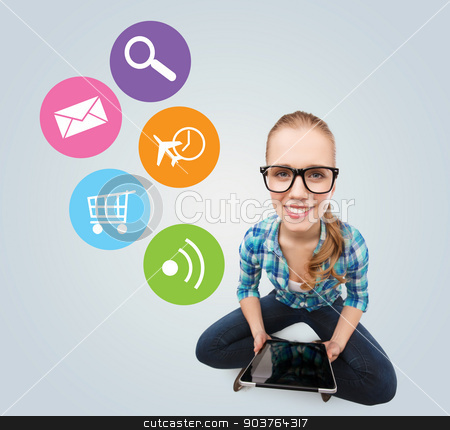 To use this stock image in your creative project, please select the size you need over to the right and click the "Add to Cart" button.
Your downloaded image will come with the Cutcaster watermark removed so don’t worry about the watermark you see on this page. smiling teen girl sitting on floor with tablet pc stock photo, communication, technology, internet and people concept - smiling teenage girl in eyeglasses sitting on floor and holding tablet pc computer over gray background with colorful icons by Syda Productions