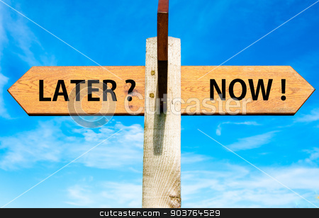 To use this stock image in your creative project, please select the size you need over to the right and click the "Add to Cart" button.
Your downloaded image will come with the Cutcaster watermark removed so don’t worry about the watermark you see on this page. Wooden signpost with two opposite arrows over clear blue sky, Later versus Now messages, Lifestyle change conceptual image stock photo, Wooden signpost with two opposite arrows over clear blue sky, Later versus Now messages, Lifestyle change conceptual image by Constantin Stanciu