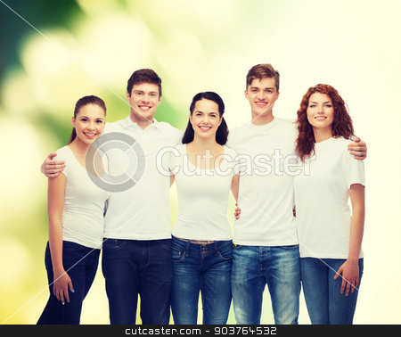 To use this stock image in your creative project, please select the size you need over to the right and click the "Add to Cart" button.
Your downloaded image will come with the Cutcaster watermark removed so don’t worry about the watermark you see on this page. group of smiling teenagers in white blank t-shirts stock photo, advertising, ecology, nature, friendship and people concept - group of smiling teenagers in white blank t-shirts over green background by Syda Productions