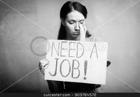To use this stock image in your creative project, please select the size you need over to the right and click the "Add to Cart" button.
Your downloaded image will come with the Cutcaster watermark removed so don’t worry about the watermark you see on this page. unemployment stock photo, young girl holds a cardboard sign. Need a Job. black and white by Suchota