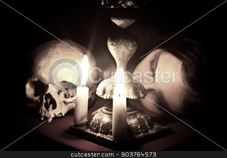 To use this stock image in your creative project, please select the size you need over to the right and click the "Add to Cart" button.
Your downloaded image will come with the Cutcaster watermark removed so don’t worry about the watermark you see on this page. Waiting stock photo, The head of a young girl lying beside to the skull and candlestick. Shutter speed 30 sec by Suchota