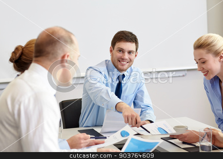 To use this stock image in your creative project, please select the size you need over to the right and click the "Add to Cart" button.
Your downloaded image will come with the Cutcaster watermark removed so don’t worry about the watermark you see on this page. business people with papers meeting in office stock photo, business, people and teamwork concept - smiling business team with papers meeting in office by Syda Productions