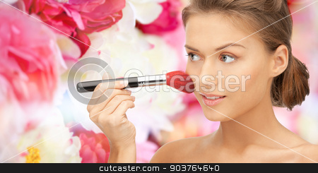 To use this stock image in your creative project, please select the size you need over to the right and click the "Add to Cart" button.
Your downloaded image will come with the Cutcaster watermark removed so don’t worry about the watermark you see on this page. beautiful smiling woman with make up brush stock photo, beauty, people and accessories concept - beautiful smiling woman with bare shoulders and make up brush over pink floral background by Syda Productions