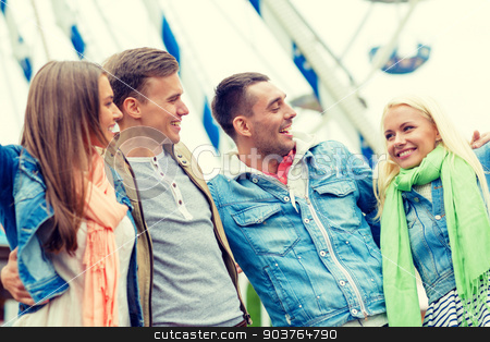 To use this stock image in your creative project, please select the size you need over to the right and click the "Add to Cart" button.
Your downloaded image will come with the Cutcaster watermark removed so don’t worry about the watermark you see on this page. group of smiling friends in amusement park stock photo, leisure, amusement park and friendship concept - group of smiling friends ferris wheel on the back by Syda Productions