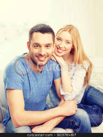 To use this stock image in your creative project, please select the size you need over to the right and click the "Add to Cart" button.
Your downloaded image will come with the Cutcaster watermark removed so don’t worry about the watermark you see on this page. smiling happy couple at home stock photo, love, family and happiness concept - smiling happy couple at home by Syda Productions